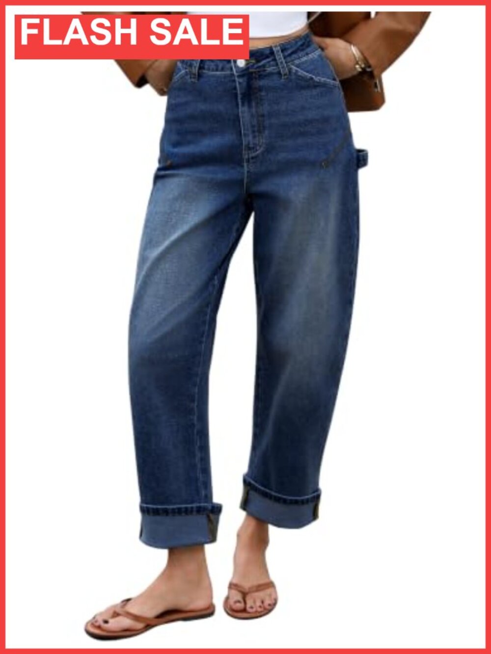 Mid Rise Rolled-Up Barrel Jeans Wide Leg Distressed Denim Pants